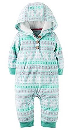 Carters Girl's Fleece Hooded Two Pocket Bodysuit Romper (6M, Fair Isle Aqua Print)