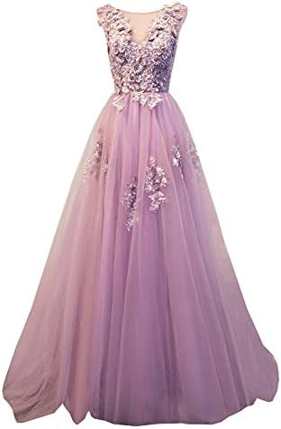 Ever Girl Women's Sweep Lace Appliques Scoop Collar Tulle A-Line Prom Dresses