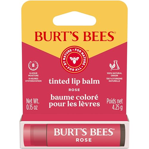 BURT’S BEES LIP TINT BALM, LONG LASTING 2 IN 1 DUO TINTED BALM FORMULA, COLOR INFUSED WITH HYDRATING SHEA BUTTER FOR A NATURAL LOOKING BUILDABLE FINISH, ROSE, 1 TUBE