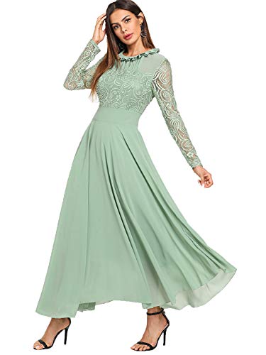 Milumia Women's Vintage Floral Lace Long Sleeve Ruched Neck Flowy Long Dress Green-3 S