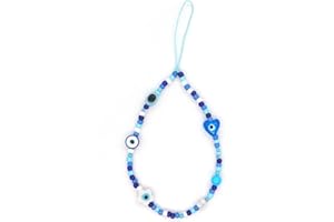 Meefisher 1-2 PCS Beaded Evil Eye Phone Charm Lanyard Wrist Strap Cute Flower Charms Anti-Lost Chain Aesthetic Accessories Love Protection Gifts for Women Girls (Blue Flower Evil Eye)