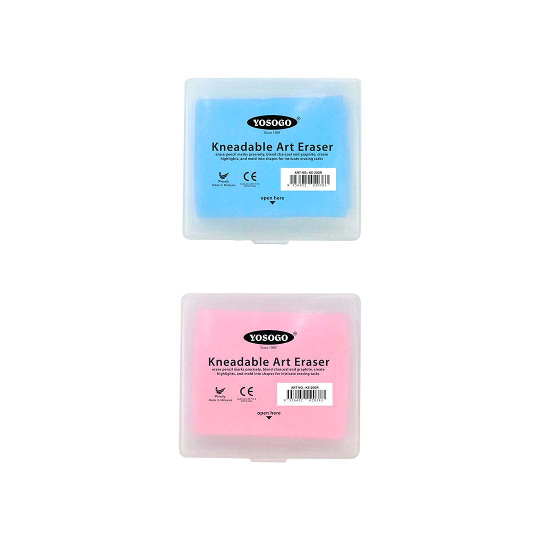 Yosogo Kneadable Art Erasers with Storage Case – 2 Pack (Pink & Blue) for Artists, Drawing, Shading & Blending