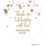 Andaz Press Blush Pink Gold Glitter Girl Baby Shower Party Collection, Personalized Fancy Frame Gift Tags, Thank You for Celebrating With Us, 24-Pack, Custom Name