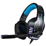 Trobing Gaming Headset PS4 Xobx One Controller PC PSVR, Noise Cancelling Mic Over Ear Headphones LED Light Stereo Surround Sound, Lightweight Comfort Laptop Mac Games - Blue