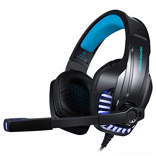 Trobing Gaming Headset PS4 Xobx One Controller PC PSVR, Noise Cancelling Mic Over Ear Headphones LED Light Stereo Surround Sound, Lightweight Comfort Laptop Mac Games - Blue