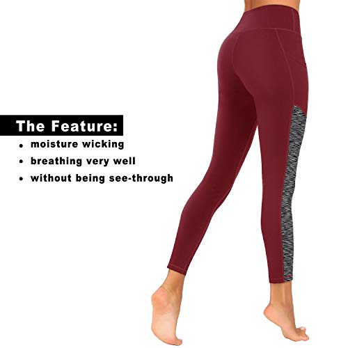 ESPIDOO High Waist Yoga Pants with Pockets for Women Tummy Control Non See-Through 4 Way Stretch Yoga Leggings, Wine Red, S