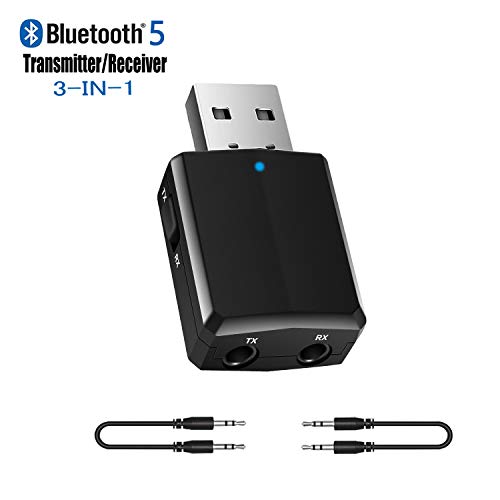 Upgraded USB Bluetooth Transmitter Receiver 3 in 1, Bluetooth 5.0 EDR Adapter Dongle for TV PC Headphones Home Stereo Car, HIFI Wireless Audio Adapter with 3.5mm AUX, USB Power Supply/Plug and Play