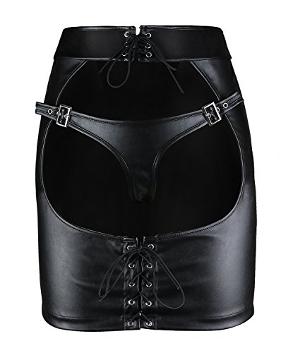 KILLREAL Women's Sexy Open Hip Faux Leather Mini Skirt Valentines Day Lingerie Leather-Black Medium