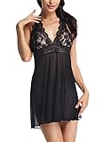 Amoretu Womens Sexy Lingerie Sheer Nightwear Halter Babydoll with G-string Black