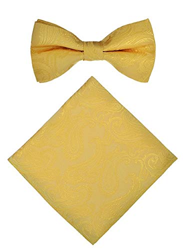S.H. Churchill & Co. Men's 4 Piece Paisley Vest Set, with Bow Tie, Neck Tie & Pocket Hanky - S, Gold
