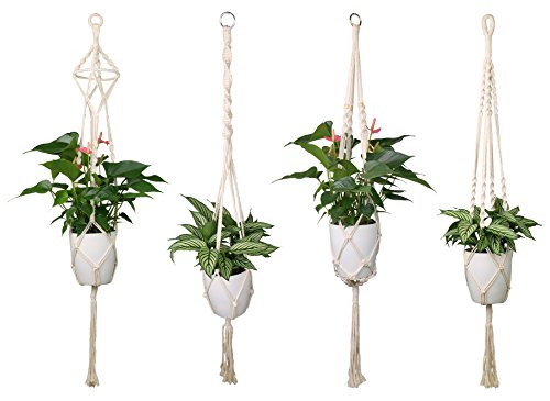 Luxbon 4Pcs Macrame Plant Hanger Handmade Woven Cotton Plant Holder Wall Hanging Planter Basket for Indoor Outdoor Garden Patio Balcony Ceiling Decorations, 4 Legs 40 Inch