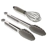 Kitchen Utensils Set - Premium Silicone & Stainless Steel Cooking Tools - Includes Tongs and Whisk - Secure Grips & Locking Mechanism - Grey, 3 Piece Set