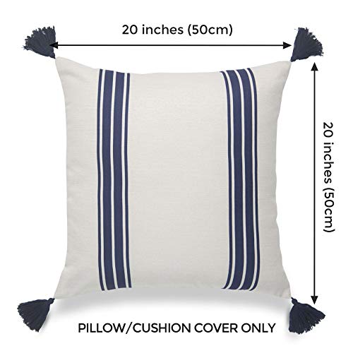 Hofdeco Coastal Decorative Throw Pillow Cover ONLY, for Couch, Sofa, or Bed, Navy Blue Striped Tassel, 20"x20"