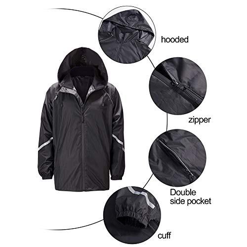 ZITY Men's Rain Suit Waterproof Hooded Rainwear,Windbreaker for Outdoor Black Stripe Large
