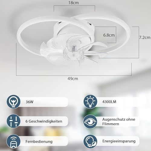 Homefire LED Ceiling Fan with Light – 36W Silent Ceiling Fan Lamp and Remote Control Dimmable 6 Speeds White Ceiling Fans and Reversible DC Motor for Bedroom Kitchen