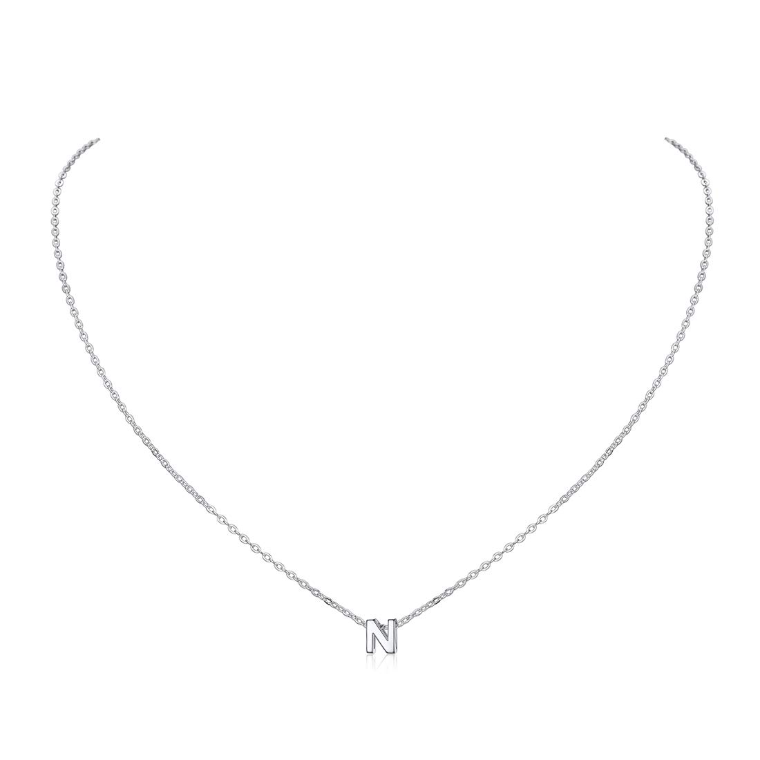 Sterling Silver Necklace for Women Tiny Small Letter Initial N Charm Solid Silver Neck Chain Name Jewellery for Besties