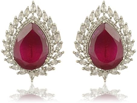 Curio Cottage Silver & Maroon Silver Plated Stud Earrings for Women (CC-ER-045)