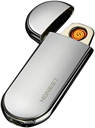 Ultra-thin Electronic Coil Lighter Portably USB Rechargeable Stainless Steel Case Cigarette &amp; Cigar Lighter Tungsten Wire Lighter with Shake Gravity Sensor Ignition (Silver)