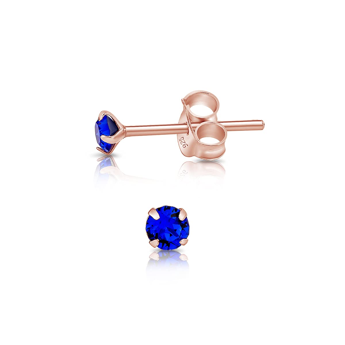DTPSilver - 925 Sterling Silver Rose Gold plated Round TINY Stud Earrings made with Glittering Crystals from Swarovski® Elements - Diameter: 3 mm - Colour : Majectic Blue