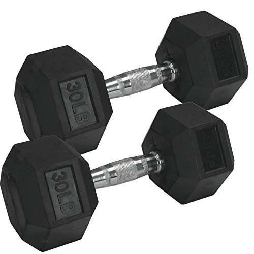 Pair 30 lb Black Rubber Coated Hex Dumbbells Weight Training Set 60 lb