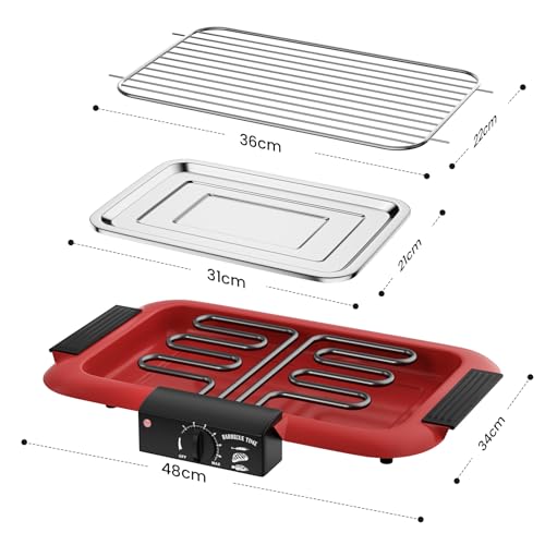 Electric BBQ Grill Non-stick Smokeless Indoor/Outdoor BBQ Grill Portable Removable High Power Double Tube 2000W BBQ Party Grill (Red D)
