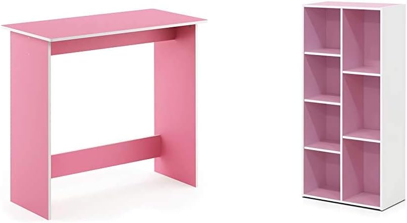 FURINNO Simplistic Study Table, Pink & 7-Cube Reversible Open Shelf, White/Pink 11048WH/PI