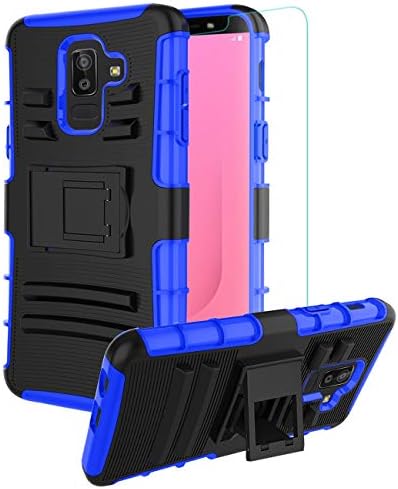 CaseBing Compatible for Galaxy J8 2018 Case with Tempered Screen Protector,[Built-in Kickstand] Heavy Duty [Shock Absorption][Dual Layer][Non-Slip][Reinforced Corner] Case Cover-Blue