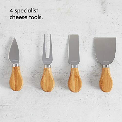 VonShef Bamboo Cheese Board Server Plate with Integrated Wire Cutter and 4 Piece Stainless Steel Cheese Knife Serving Utensil Set, wooden, with Gift Box