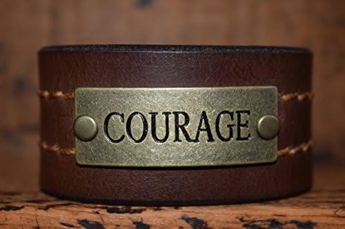 Upcycled Brown Stitched Leather Cuff Bracelet Riveted with COURAGE Medallion