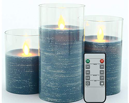 Iovin Flameless Candles 3 Pack Set Drip-Less Real Wax Glass Effect Include Realistic Flickering Flames and 10-Key Remote Control with 24-Hour Timer Function by 3 AAA Batteries (Navy Blue)