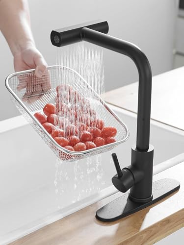 Kitchen Faucet with Pull Down Sprayer, 3 Function Waterfall Sink Faucet, Stainless Steel Utility Faucet, Single Handle for Kitchen Sink, Modern Design, Matte Black