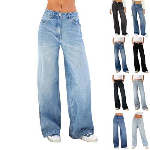 Wide Leg Jeans for Women UK Y2K Boyfriend Baggy Trousers High Waisted Straight Pull On Casual Stretch Denim Pants