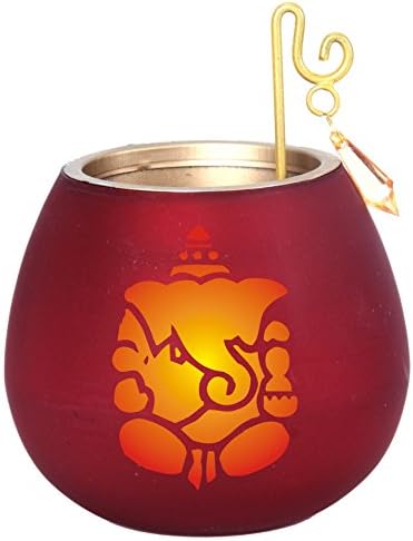 Anasa Decor Divine Shadow Ganesha Glass Tealight Candle Holder (11.43 cm x 11.43 cm x 11.43 cm, Red)