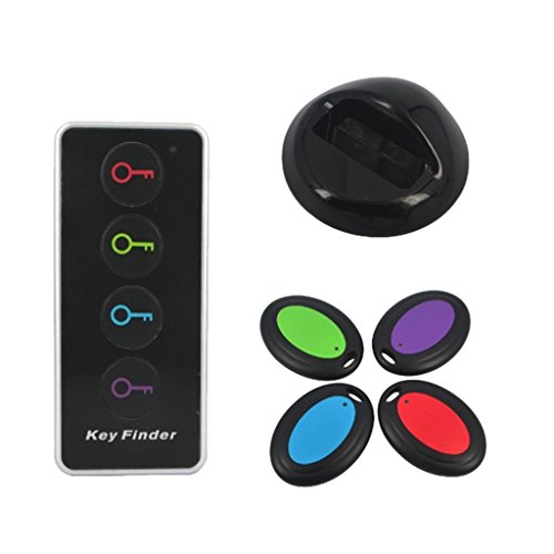 Vodeson KF04A Wireless Key Finder RF Item Locator with Base Support and LED Flashlight, Keys, Wallet, Pet Locator with Sound Alarm, 1 Transmitter + 4 Receivers - Black