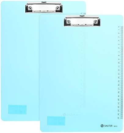 Shuter Low Profile Clipboard A4 Size Semi-transparent Plastic Board with Retractable Loop and Handy Rules, 2 Pack (Clear Blue)