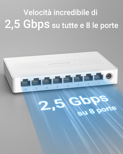 BrosTrend 2.5GB Ethernet Switch 8 Ports, Ethernet Splitter Hub Unmanaged Switch 2.5 Gigabit, Plug and Play Fanless, Ideal for Home and Office, Desktop or Wall, Lifetime Warranty