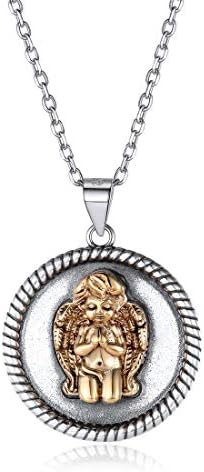 Angel Coin Necklace for Women Men 925 Sterling Silver & Metal Brass Round Disc Pendant with Chain 18 Inch Jewelry Gift