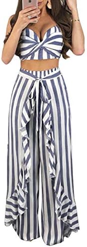 Women 2 Piece Set Striped Spaghetti Strap Crop Top + Long Trousers Jumpsuit Playsuit Flounced Wid Leg Pants Summer Casual Beach Clubwear Outfit Party for Women