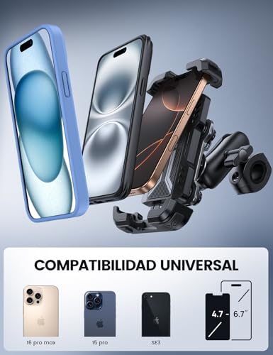 Lamicall Porta Celular para Moto Bicicleta - [720°Brazo de Ajuste] [Dual Vibración Amortiguador] Antirrobo Soporte Celular Moto, Bicicleta, para iPhone iPhone 17/16 Pro, 15/14 Pro Max 4.7-6.7" Celular