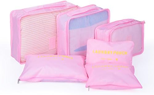 Yoonsic 6 Sets Packing Cubes for Travel/Trip - 3 Cubes + 3 Pouches + 4 Bonus Vacuum Bags - Organizers for Carry-on Luggage Clothing and Accessories (pink)