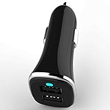 UNIVERSAL DUAL USB SMART CAR CHARGER 2.4A easy to use with Intelligent IC Car adapter and fast charging safe with triple protection incorporated compatible with all Smartphone Tablet Iphone and GPS