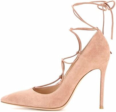 Juoar Women's High Heel Shoes Big Size Pointed Toe Pumps Lace-up ladies Sandals Solid Dress Pumps Size Suede Apricot US 9