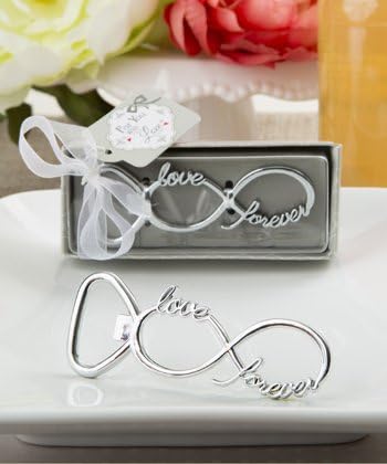 Infinity Design Silver Metal Bottle Opener. Size Is 3 .25 " X 1.25". Infinity Symbol Bottle Opener Crafted From Silver Caste Metal with Chrome Finish. The Words 'Love' and 'Forever' Molded Into the Infinity Sign. Top Operates As a Bottle Opener.