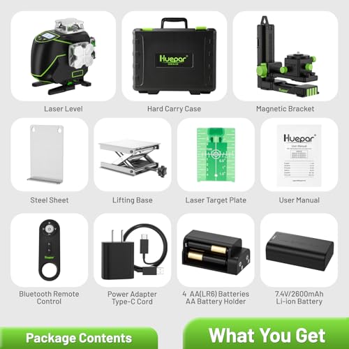 Huepar Professional Laser Level Self Leveling S04CG, ±1/9" Accuracy at 33 Ft, 4D Construction Lazer Leveler Tool with LCD Screen, Bluetooth Remote Control, 4x360° Green Cross Line, Outdoor Pulse Mode