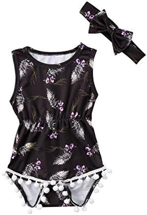 Cute Adorable Floral Romper Baby Girls Sleeveless Tassel Romper One-Pieces +Headband Sunsuit Outfit Clothes (12-18 Months, Black 3)
