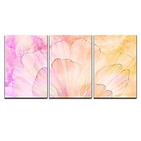 3 Piece Canvas Wall Art - Pink Petals of a Flower with Splattered Pink, Red, and Yellow Watercolor Paint - Modern Home Art Stretched and Framed Ready to Hang - 16"x24"x3 Panels