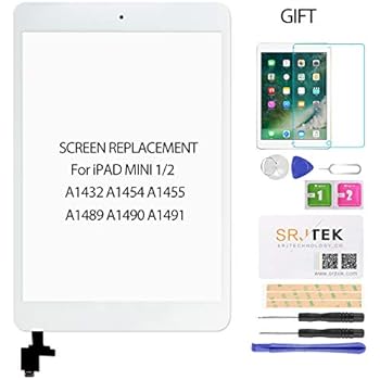 for IPad Mini 2 Touch Screen Replacement, A1432 A1454 A1455 A1489 A1490 Digitizer Replacement Glass Repair Parts, with IC Chip,Home Button,Cameral Holder,Tempered Glass Include,White