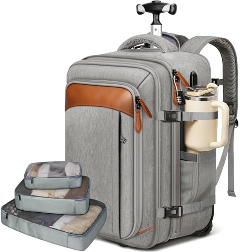 Vancropak Expandable Travel Rolling Backpack with Wheels, Airline Approved Wheeled Backpack with 3 Packing Cubes, 17 Inch Roller Carry on Luggage Suitcase Laptop Bag with USB Port for Men Women, Grey