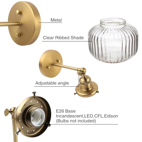 Permo Classic Vintage Wall Lamp Indoor Wall Light Fixture with Clear Globe Ribbed Glass Shade for Bedroom Living Room (Antique)