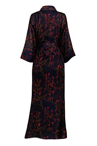 Old Shanghai Women's Kimono Robe Long - Watercolor Floral, Yurina- Navy - Thumbnail 2
